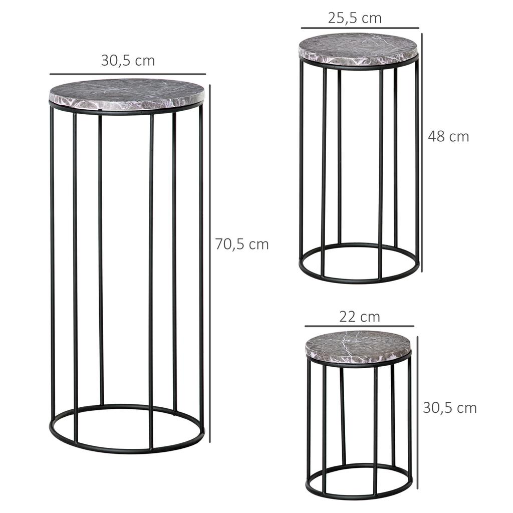 Flower Stand 3-Piece Set Made of Metal Plant Stand Set in Marble Look Flower Stool Flower Pot Holder Stackable Plant Stool for Flower Pot Black+Grey