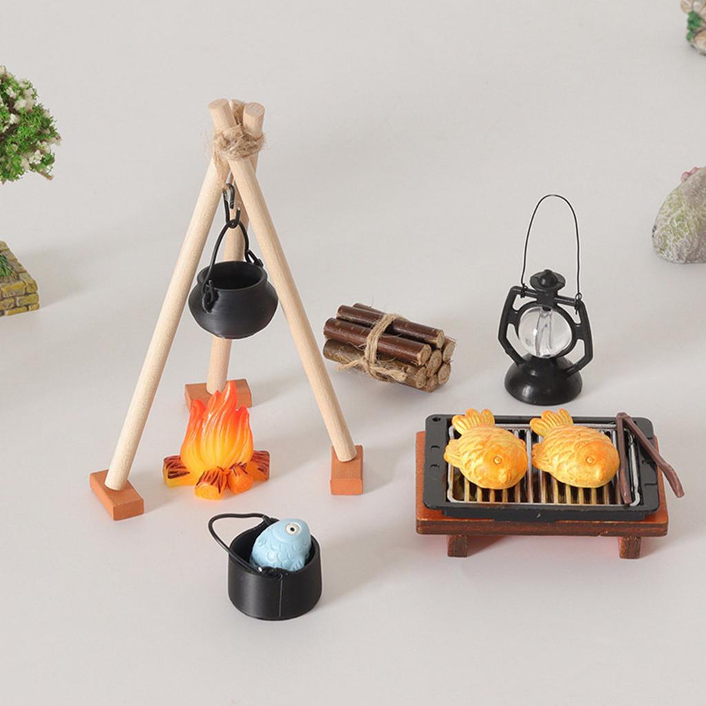 1/12 Camping Accessories With Cooking Utensil and Campfire Realistic Flame Effect For Miniature Scene Display Setting