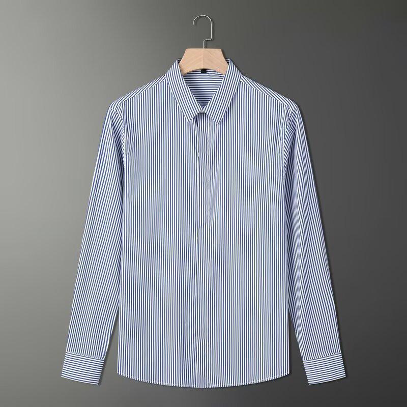 

Мужская полосатая рубашка с длинным рукавом 2024: Легкая роскошь, Высокий класс кэжуал для весны и осени M синий