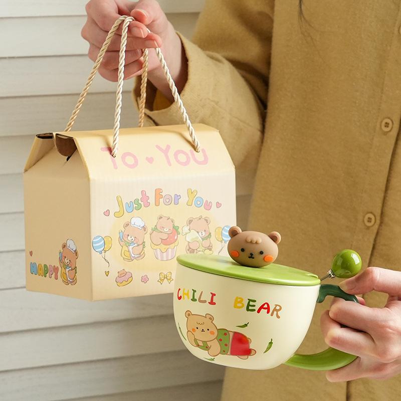 Cute And High-Value Bear Ceramic Cup With Lid And Spoon, Home Office Couple Water Cup Girl Gift