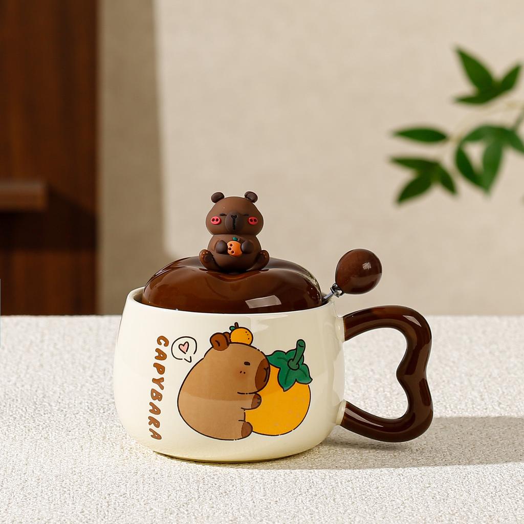 Cartoon Capibala Ceramic Mug with Lid Creative Coffee Milk Tea Water Cup Cute Children Breakfast Cup Household Drinkware