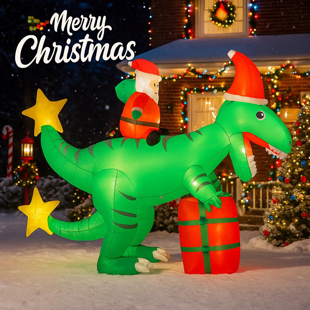 7.87FT Yard Party Decoration Inflatable Santa Ride Dinosaur Toy LED Light Xmas Home Ornaments Supplies Christmas Holiday Gifts