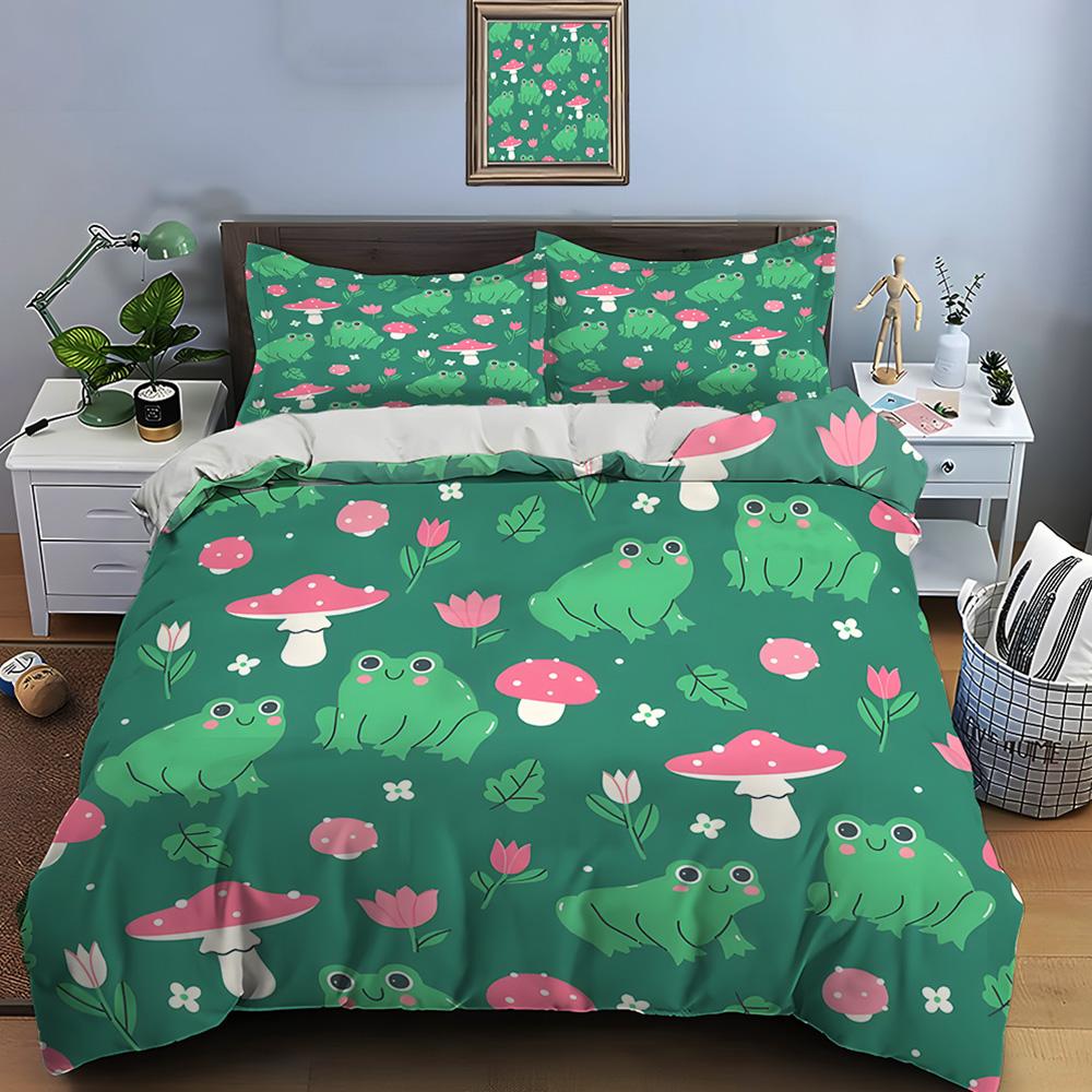 Cartoon Frogs Mushrooms Flower Background Bedding Set 1 Duvet Cover 2 Pillowcases For Adult And Children Luxury Gift Full Size