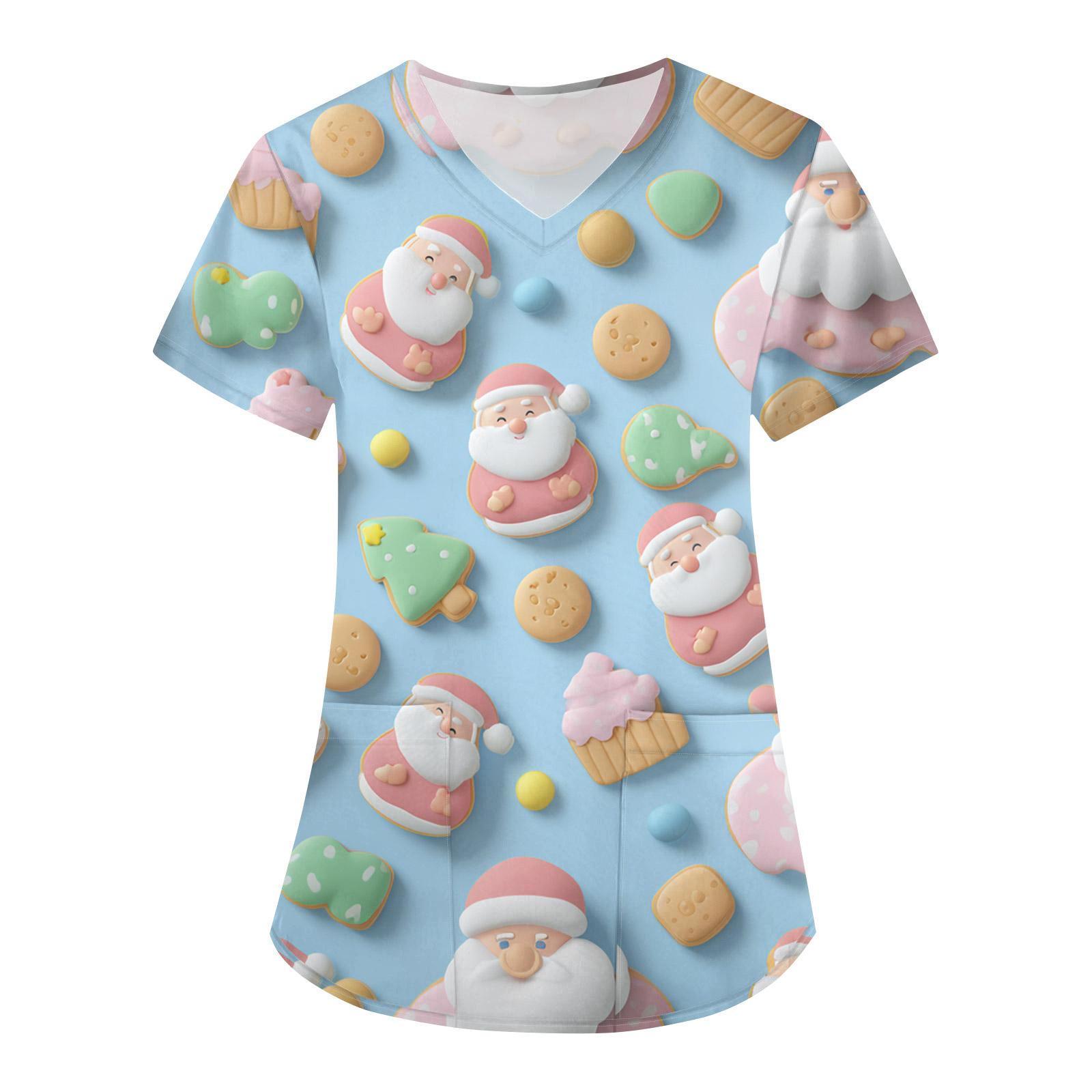 

Женская свободная униформа с V-образным вырезом, короткими рукавами и рождественским принтом XL