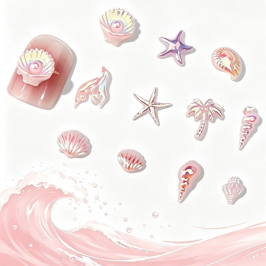 12 Grids Aurora Iridescent Nail Charms Ocean Theme 3D Shell Starfish Mermaid Beads, Nail Jewelry Decorations for Nail Art Manicure