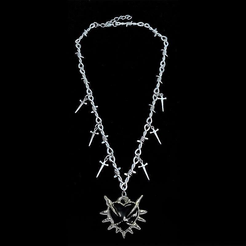 Yk2 Subculture Sliver Color Thorn Chain Sword Tassel Black Heart-shaped Pendant Necklace for Women Men Hip-hop Street Jewelry