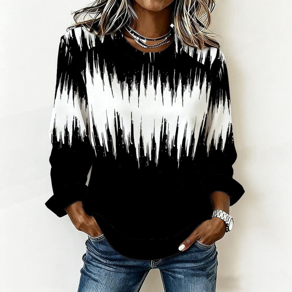 Plus Size Ladies Long Sleeve T Shirt Vintage Stripe Printed Loose Casual Top Comfortable Daily Wear Oversized Tee