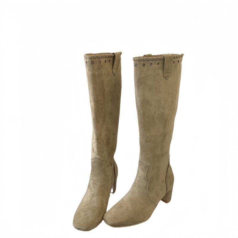 2025 new fashionable thick heel high boots but knee thin boots French square head rivet hole long boots high heel boots