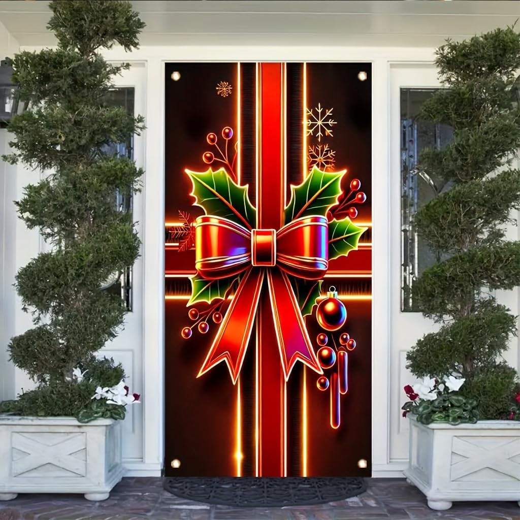 Door Cover Golden Gift Box Bow 71x35 Inch Decorative Holiday Front Door WrapChristmas Party Wedding Birthday Celebration Indoor Qutdoor Decoration