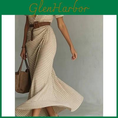 Vintage Plaid Print A Line Dress With Short Sleeves For Casual Office Wear