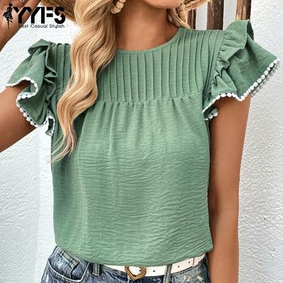 Women's Fashion Casual Solid Color Print Short Sleeve O-Neck Blouses & Shirts