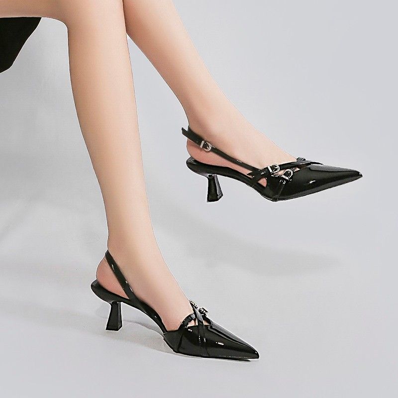 Kitten Heel Metal Buckle Pointed Head Empty Single Shoes Women's Bag Head Fashion Sandals High Heels Women's Summer 2025 New