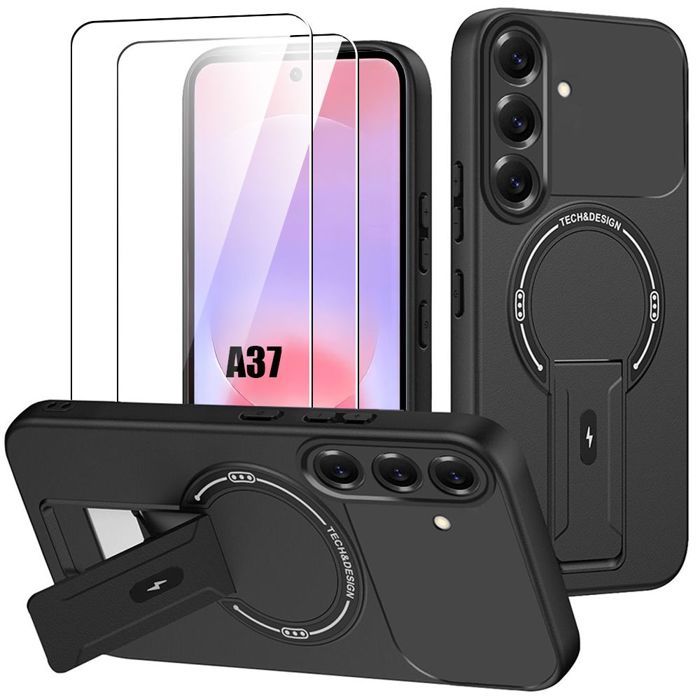 Coque Magnétique - BOOLING - pour Samsung Galaxy A37 5G - Silicone avec Support - Noir - 2 Vitres