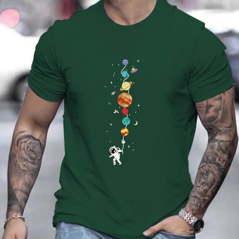 Men's 100% Pure Cotton Summer Loose Size Astronaut Planet Pattern Print Casual Comfortable Round Neck Short Sleeved T-Shirts Men’s