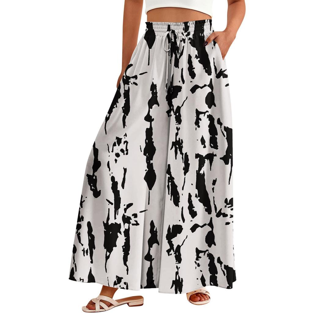 Women's Palazzo Pants Boho Floral Wide Leg Trousers Summer Beach High Waisted Flowy Pants With Pockets