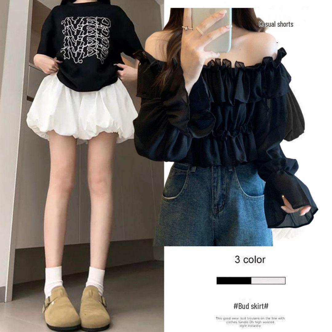 White Floral Puff Skirt: Women s High-Waisted Summer Lantern Shorts XS