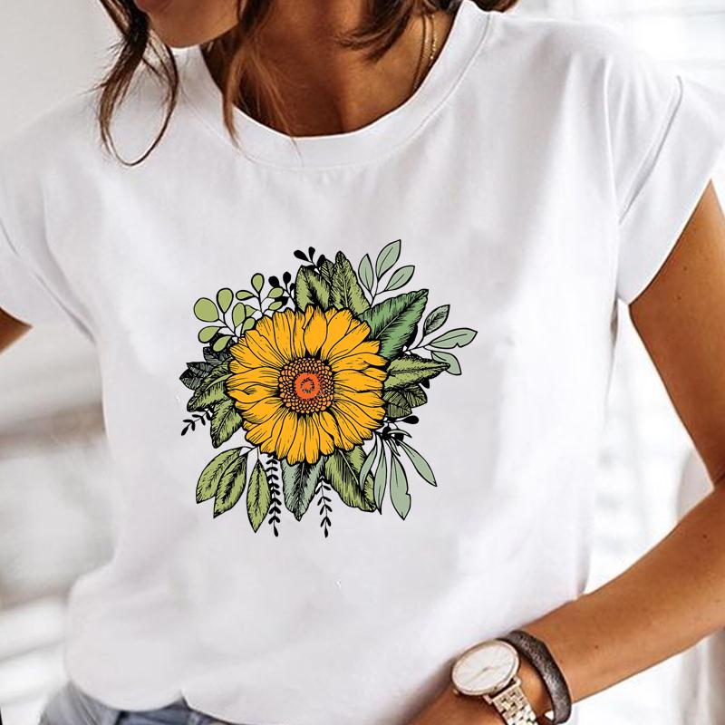 90s Cute Women Short Sleeve Flower Watercolor Trend Print Tee Top Summer Fashion T-shirt Clothing Casual Lady Female Graphic T-shirt