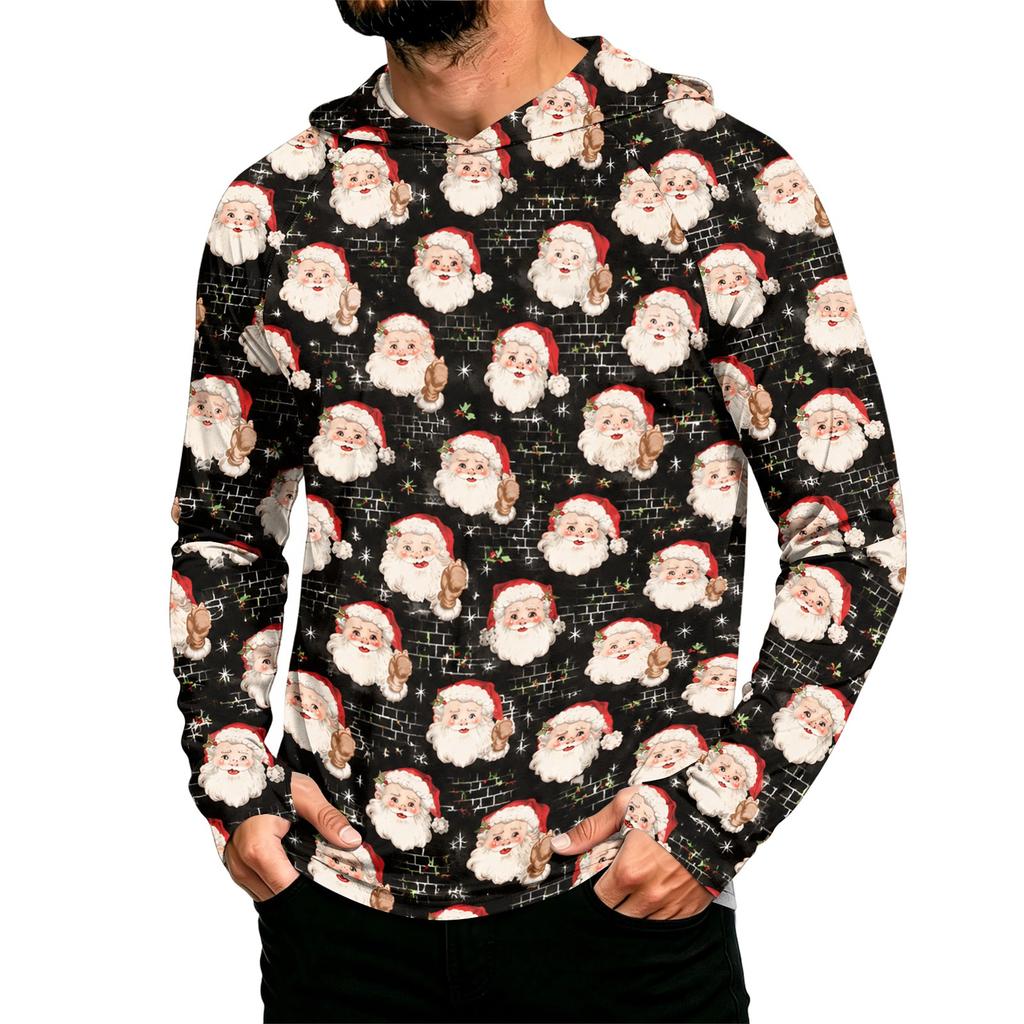 Men's Long Sleeve Hooded Sun Shirt Top with Christmas Print for Outdoor Wear