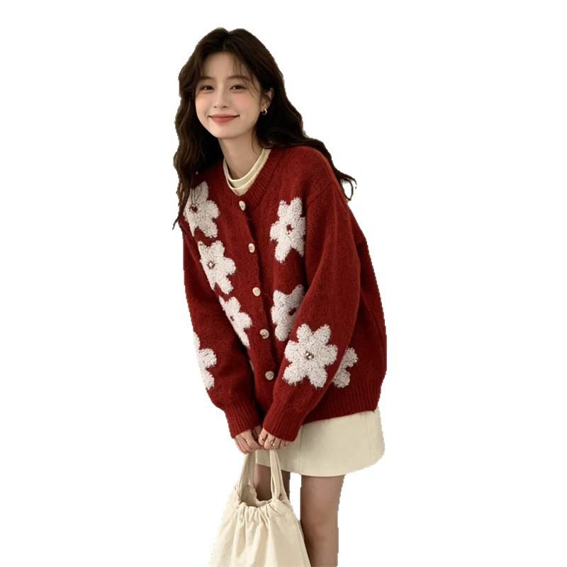Korean retro embroidered flower sweater cardigan women's autumn and winter loose soft waxy gentle casual knitted coat top