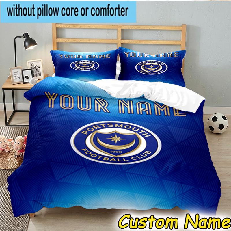 Custom Name Portsmouth Football Club Bedding Set 3PCS Duvet Cover Closure Includes 1 Duvet Cover & 2 Pillowcases for All Seasons Bedroom Decor