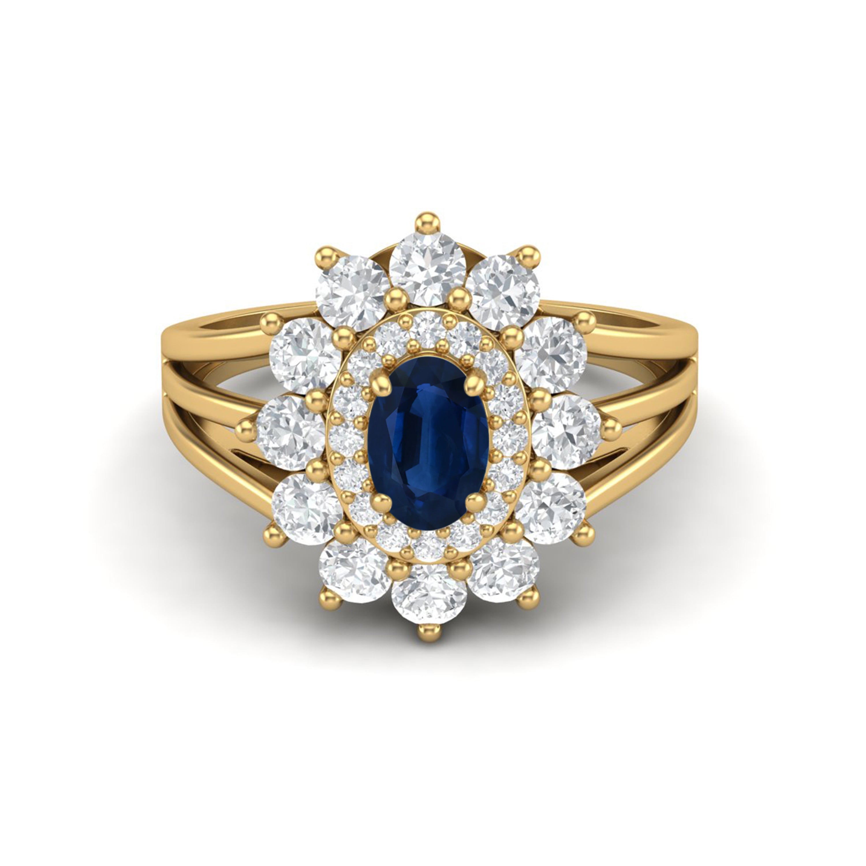 

6X4MM Oval Blue Sapphire Gemstone 925 Sterling Silver Gold Plated Halo Split Shank Ring 12 жовтий