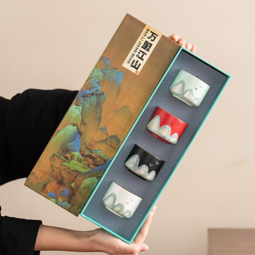 Mountain View Tea Cup, Japanese Chinese Cup Sake Set, Mountain View Bird Pattern Black Tea Cup Set (five Pieces), Compact