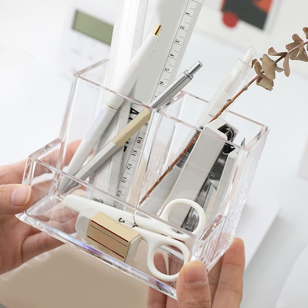 3 Compartments Clear Pencil Organizer Cup Space Saving Transparent Pen Holder  Countertop Desk