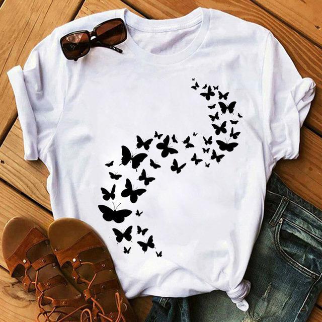 

Colorful Butterflies Print T Shirt New Fashion Women Women T Shirt Causal Tops Female Harajuku Graphic Tee Shirts Ladie T-Shirts XXXL білий