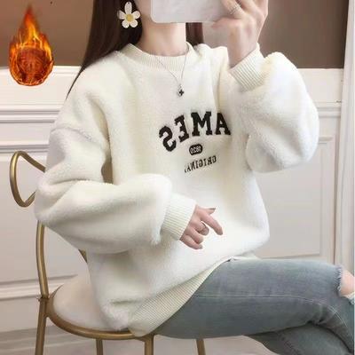 Lamb Wool Loose Student Plus Velvet Thickened Sweatshirt Without Hats for Women In Autumn and Winter Styles Wearing Lamb Velvet Long-sleeved Top