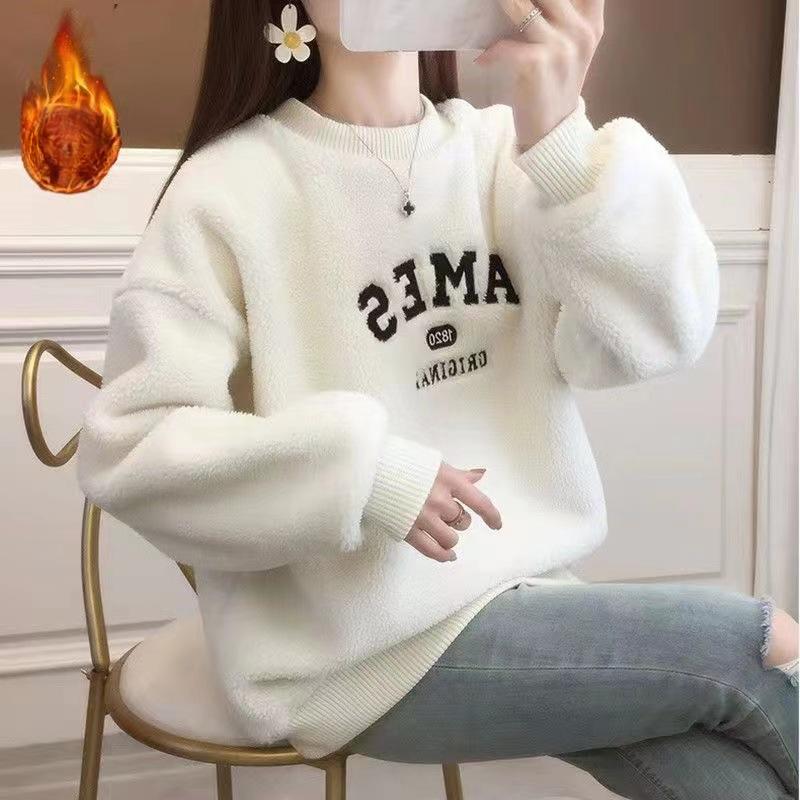 Lamb Wool Loose Student Plus Velvet Thickened Sweatshirt Without Hats for Women In Autumn and Winter Styles Wearing Lamb Velvet Long-sleeved Top M 2819₽