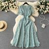 Summer Women French Vintage Lace Crochet Party Dress Fashion O Neck Slim Embroidery Long Dresses