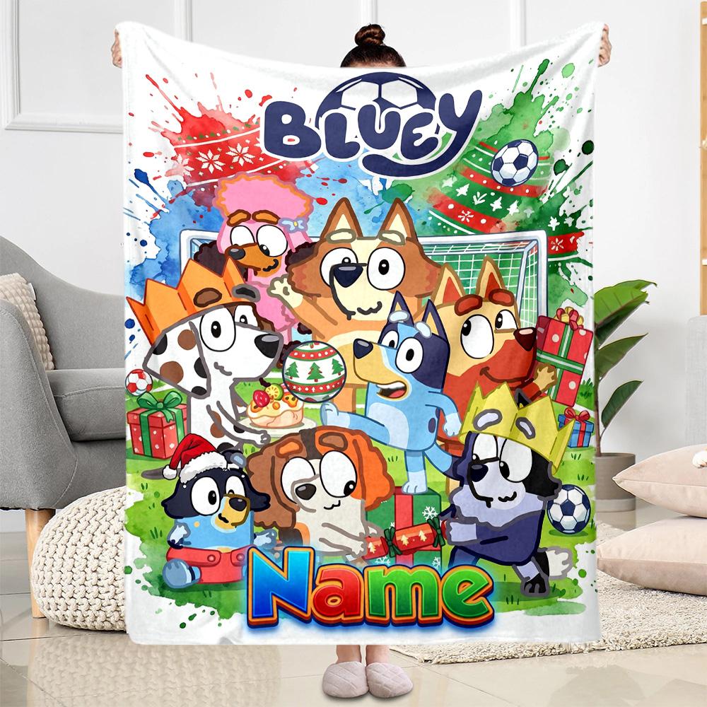 Bluey's Soccer Celebration Customize Your Name Blanket Lightweight Customizable Blanket Ultra-Soft Perfect for Couch Seaside Living Room Livingroom
