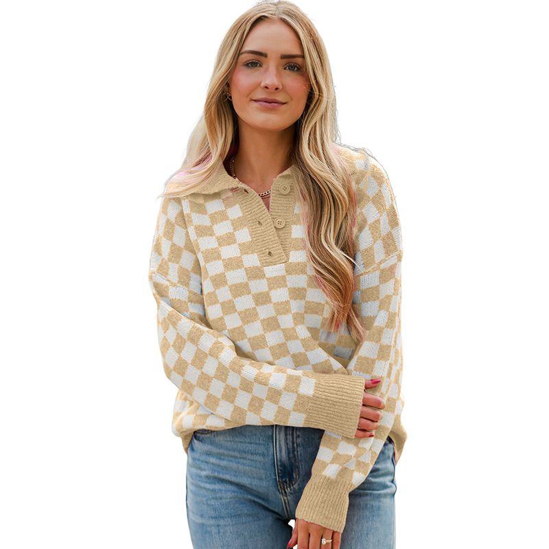 

European and American Fashion Warm Plaid Color Matching Drop Shoulder Sweater Women 2025 Winter New Button V-neck Knitted Pullover Apricot yellow Size XL fit (70.00 kg-75.00 kg