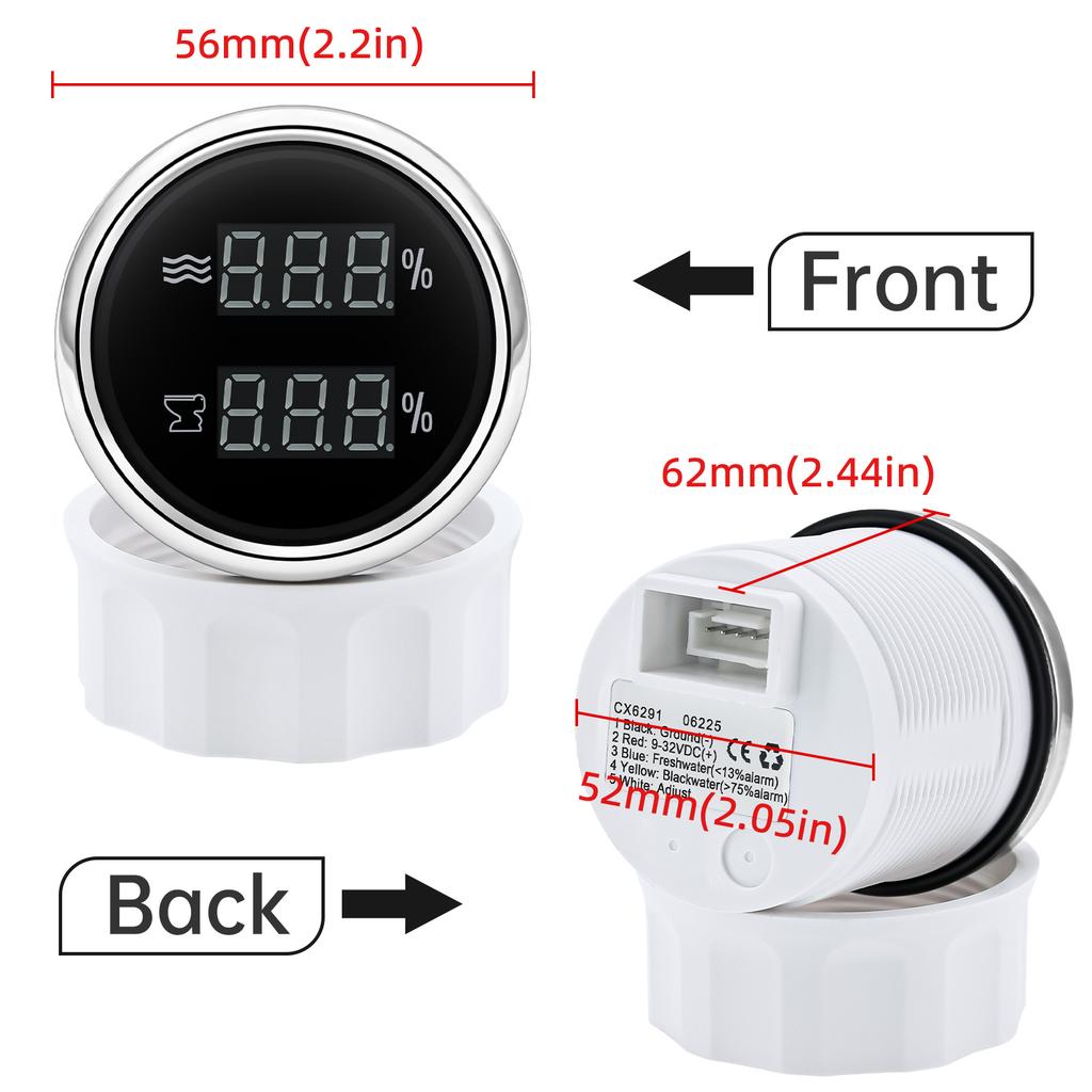 MAIMEIMI Green LED 2IN1 Dual 52mm Gauge Car Digital Water Level+Sewage Level Meter with Flash Alarm 0-190ohm,240-33ohm,0-90ohm