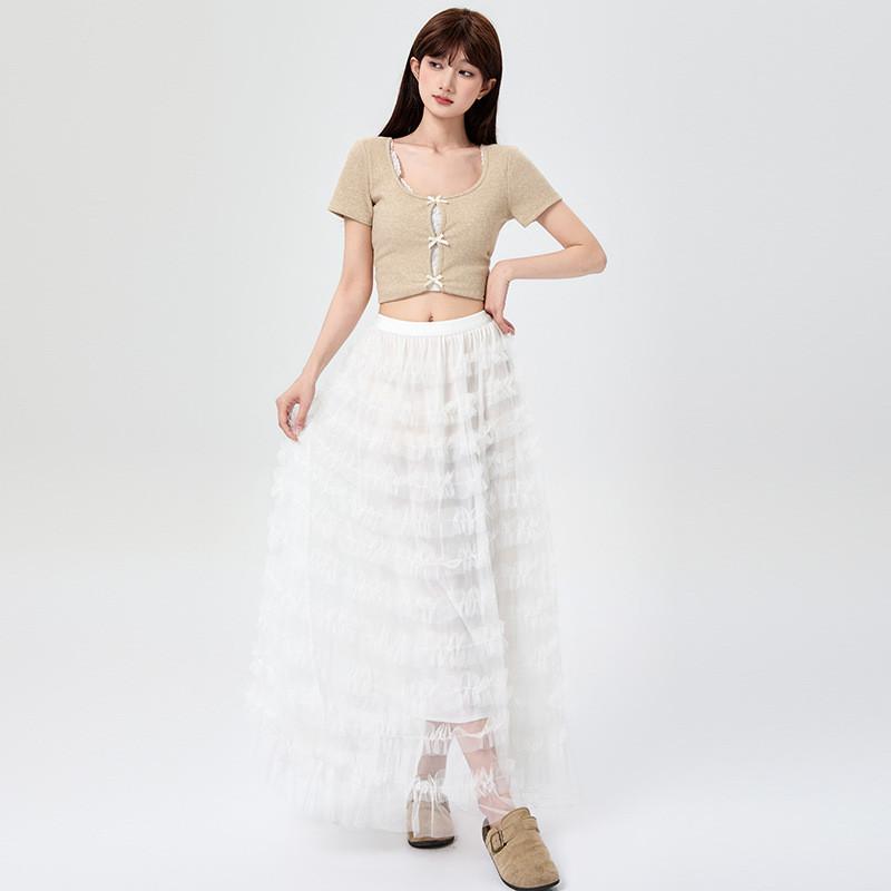 Qooth Ruffle Tulle Maxi Skirt Layered Cake A-Line Skirt Flattering QT2859 One Size белый