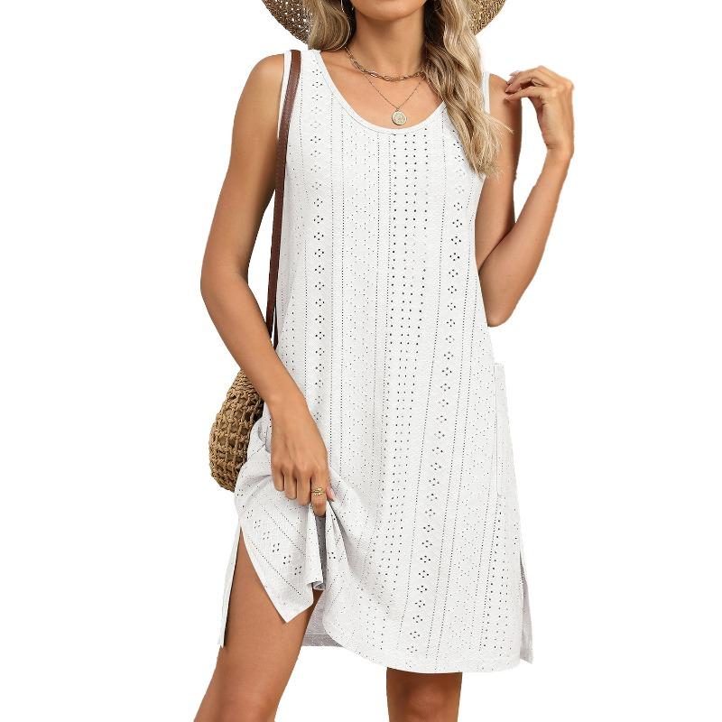 Spring and Summer New Solid Color Round Neck Loose Sleeveless Pocket Dress