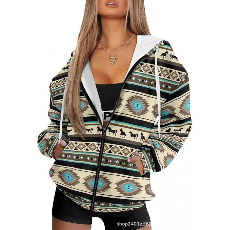 Vintage Ethnic 3D Printed Zip Up Hoodie Loose Fit Horse Geometric Graphic Sweatshirt Women
