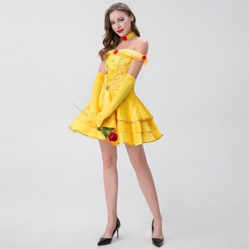 New Halloween Costume, Yellow Princess Short Rose Dress, Yarn Collar, Suspender, Stage Role-playing