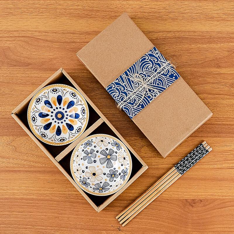 Chinese Ceramic Rice Bowl & Chopsticks Set