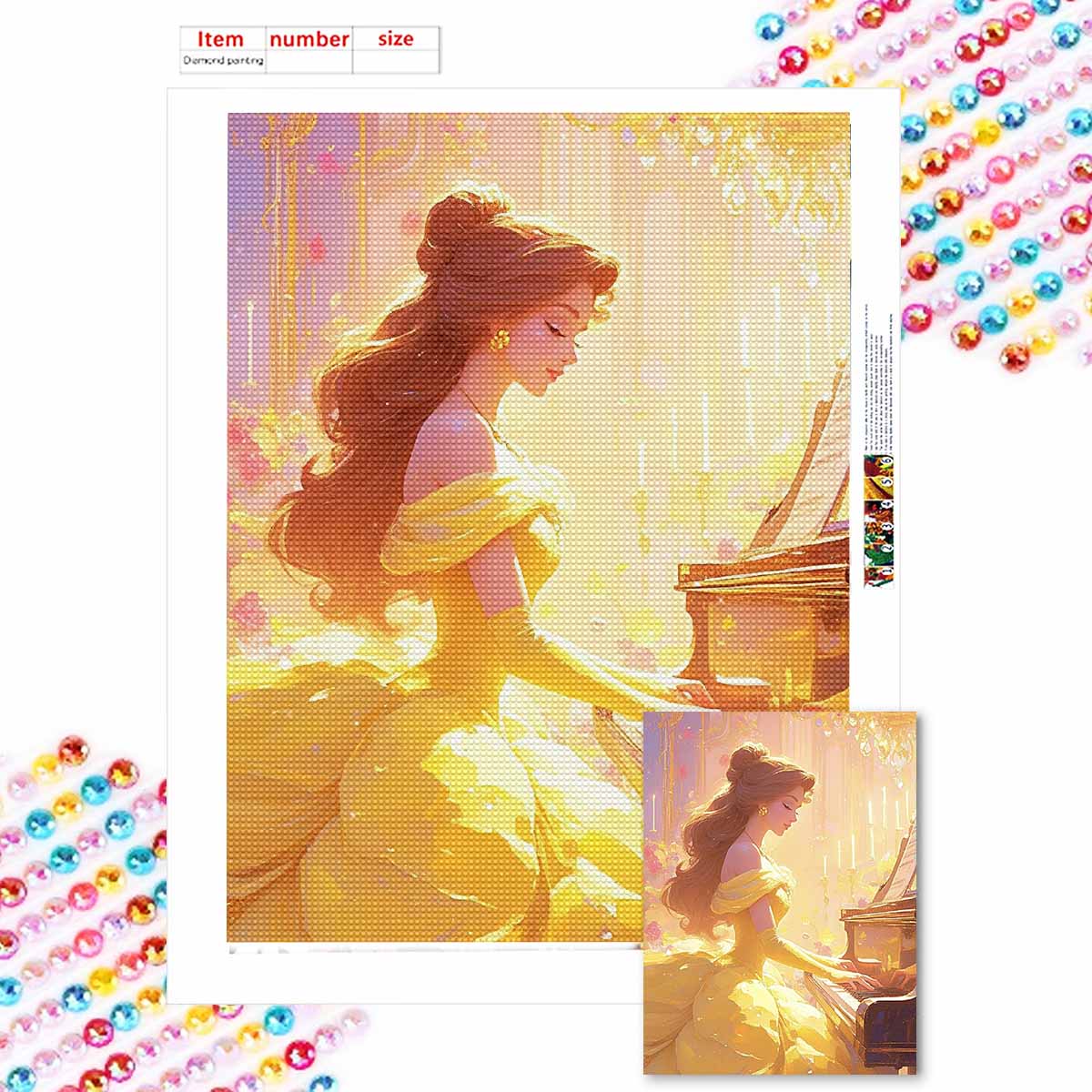 

5D Алмазная вышивка своими руками Рапунцель играет на пианино Полная выкладка Стразы Мозаика Вышивка Изделия ручной работы Домашний декор Подарок Round 20x30cm