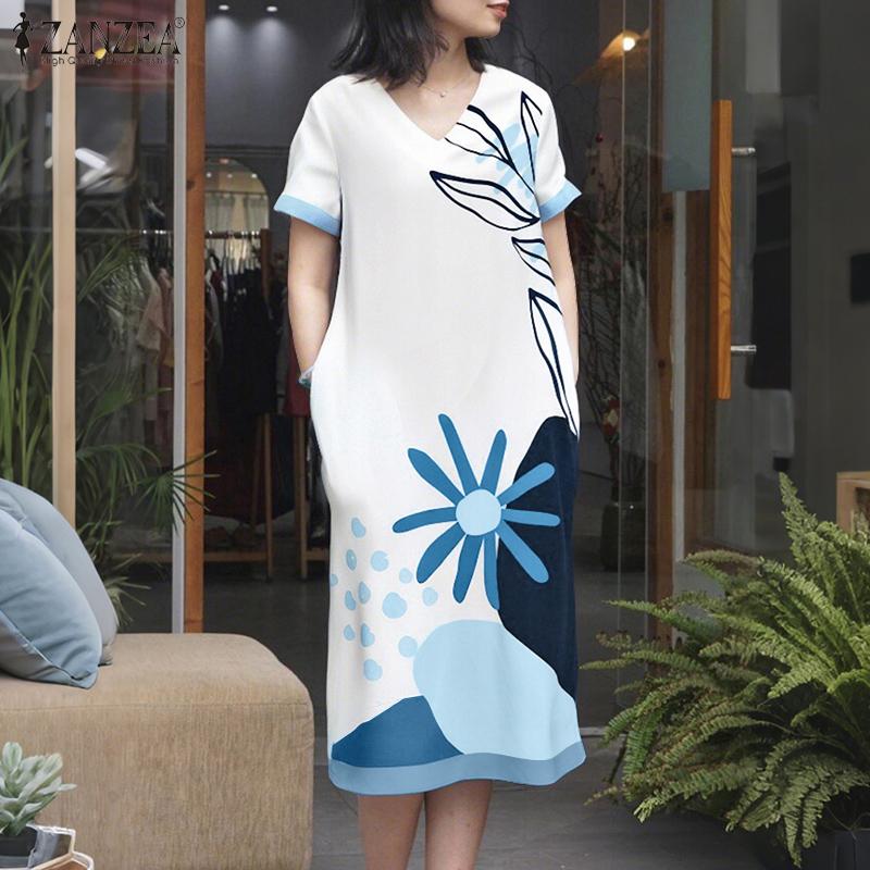 ZANZEA Womens Summer V-Neck Short Sleeve Casual Print Dress