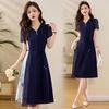2025 Women's V-Neck Ink Print Color Block Dress with Pendant Belt
