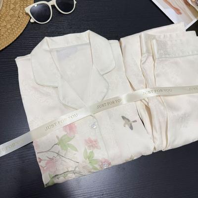 Spring and Autumn New Ice Silk Pajamas Women's Lapel Floral Long-sleeved Trousers Set Sweet National Style Printed Casual Loungewear