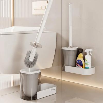 Punch-Free Wall Mounted Toilet Brush With Storage Rack Drainable Base Long Handle Plastic Bathroom Toilet Cleaning Brush Tools