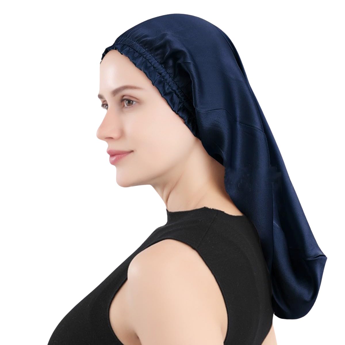 

RUNQIU Silk Night Cap for Long Prevents Split Ends and Perfect for Sleeping Sizes Navy Hair, Cylindrical, 100% Silk, Bedhead, (JP, Available, 56.0 cm,