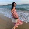 06 Spring/Summer Floral Print Elastic Shrinkle Vacation Dress Pink Skirt Suspender Beach Dress