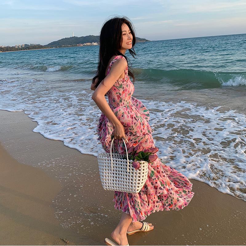 06 Spring/Summer Floral Print Elastic Shrinkle Vacation Dress Pink Skirt Suspender Beach Dress