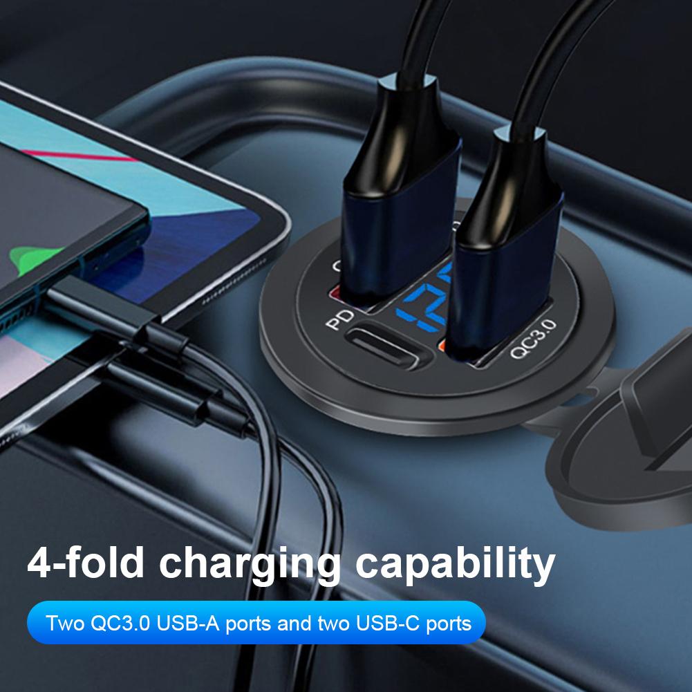 Dual PD Dual QC 3.0 USB Car Charger with Voltmeter Power Outlet Adapter 4 Ports Fast Charging Outlet 78W for Phone Tablet