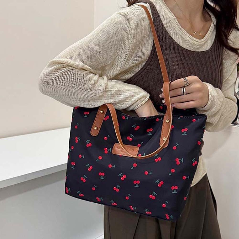 Korean Style Cherry Printed Tote Bag Large Capacity Lightweight Patterned Canvas Handbag Solid Color Trendy Women Shoulder Bag