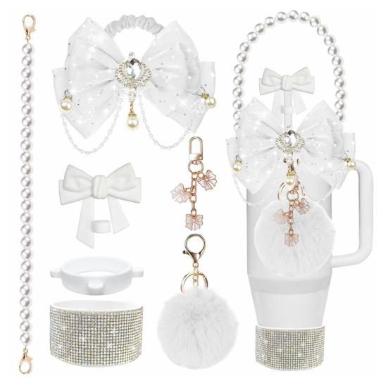 1 Set Tassenmanschette Funkelnde Strasssteine Imitierte Perlen Schleifen-Dekor Tassenzubehör mit Silikon-Bodenprotektor